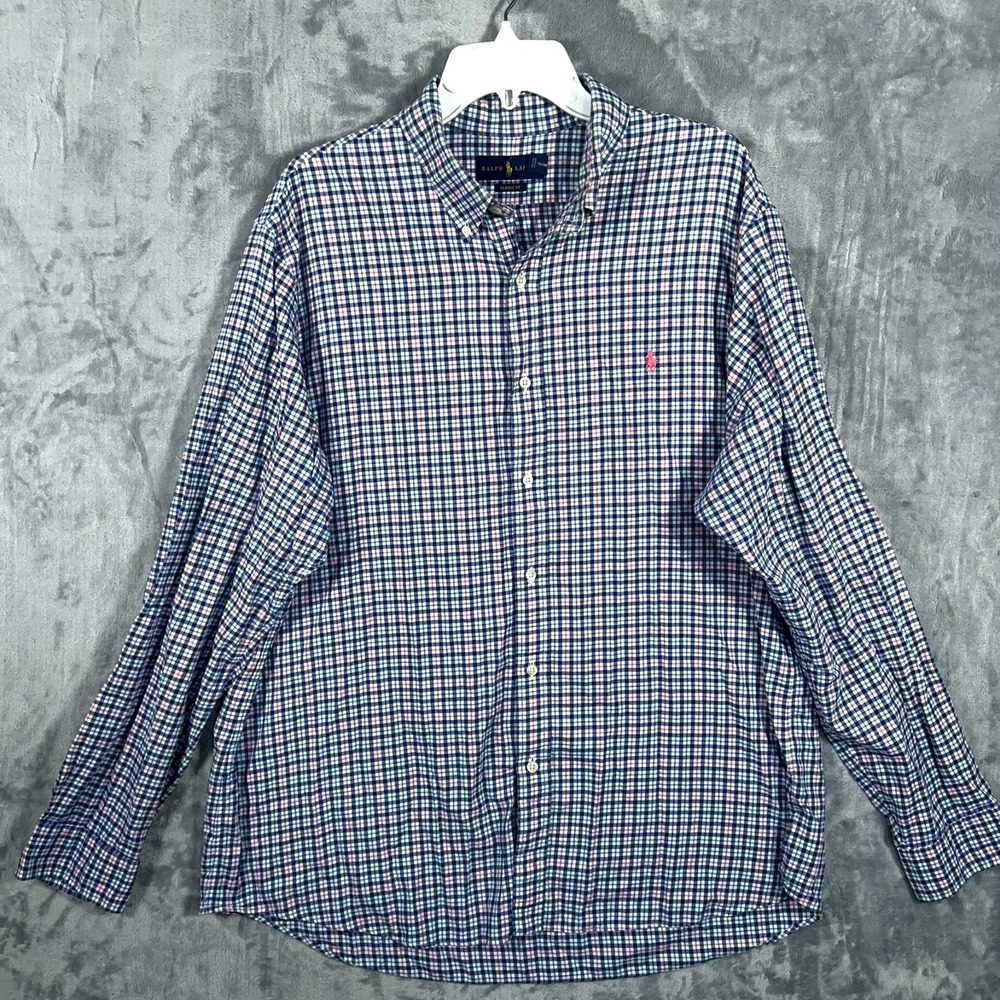 Ralph Lauren Button Down Shirt Mens 2XL Classic Fit Check Pink Pony Blue Green